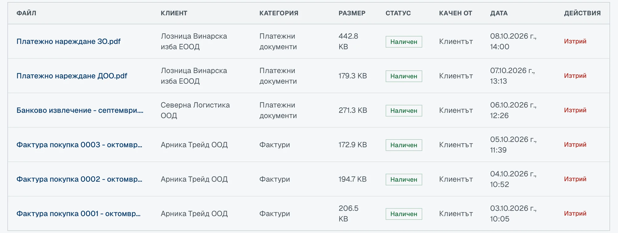 Архив на документите, качени от клиентите по защитен линк